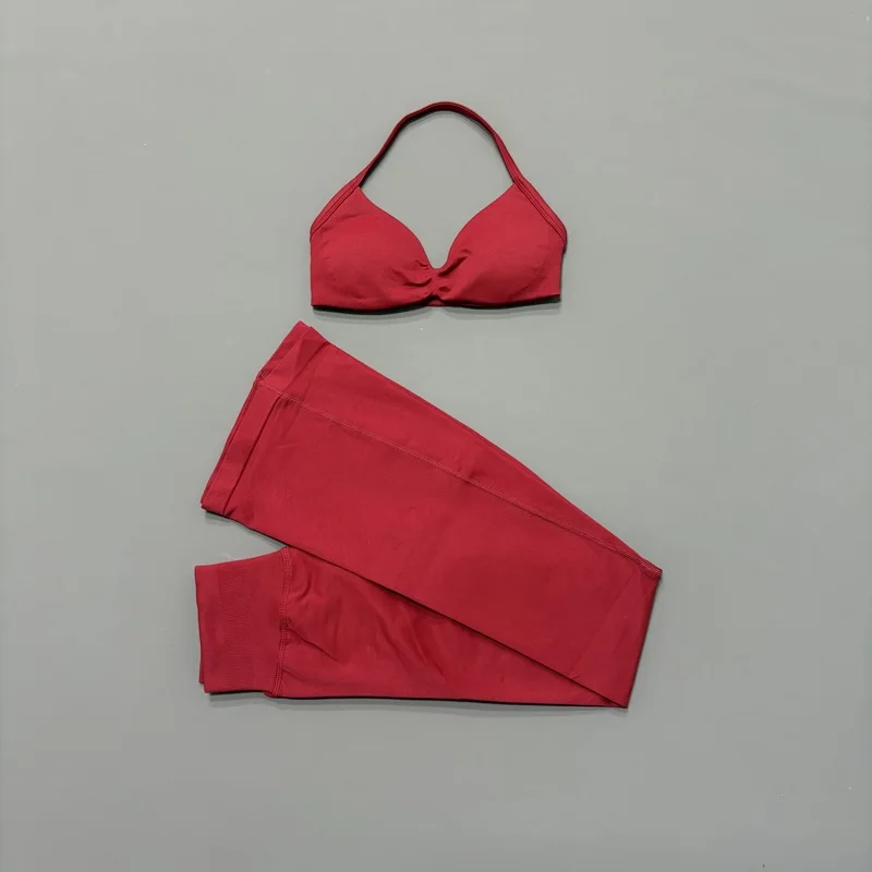 2-teiliges Nahtloses Neckholder-Sport-BH-Set mit Rückenausschnitt und Polsterung, Weiche Weitbeinige Hüftliftende Yoga-Hose, Figurbetontes Fitness-Workout-Set