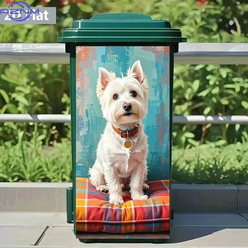 2D 1PC[ Flat Printing]1pc Trash Can Sticker[Title Translated, Do Not Change] White Dog Color Mat Sitting And Looking Theme Des