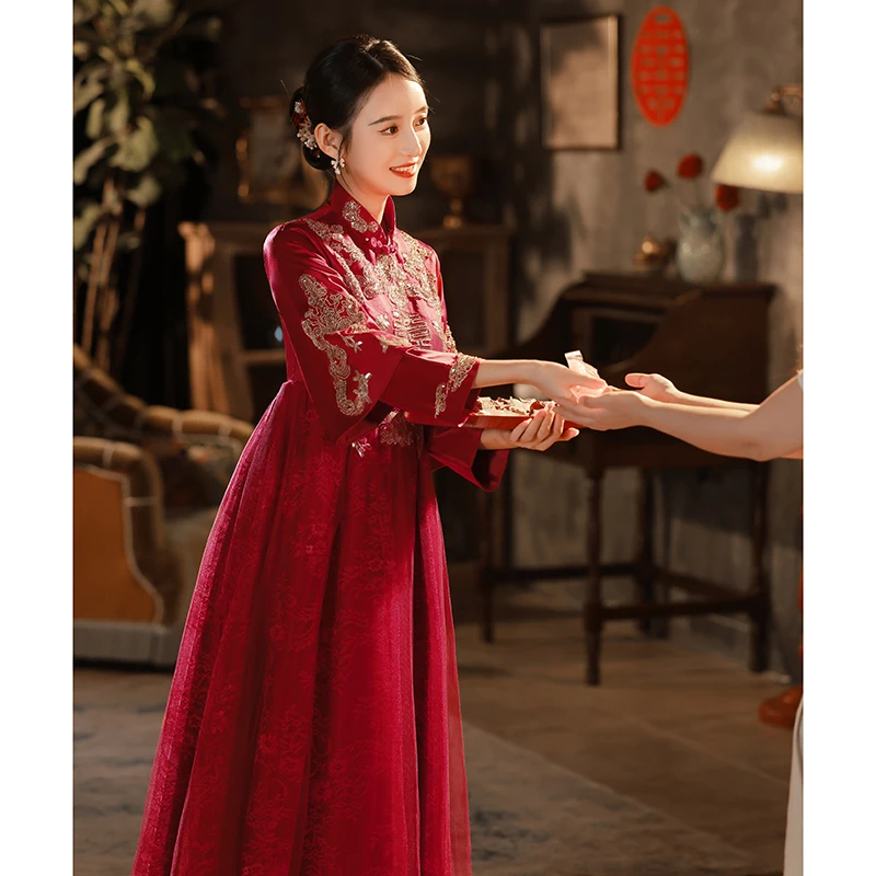 

Chinese Sle Wedding Dr High Waist Red Color for Pregnant Women And Brides Vintage Sle Long Sve Evening Gown