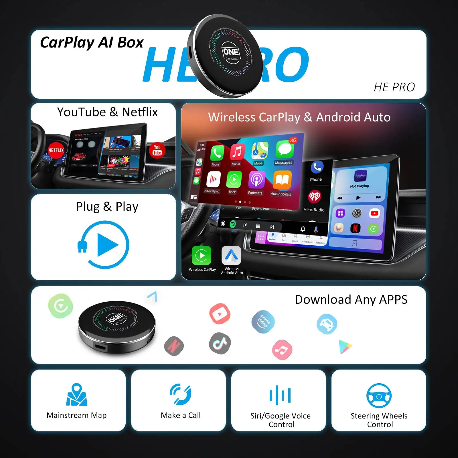 OneCarStereo Wireless CarPlay AI Box for Android Auto