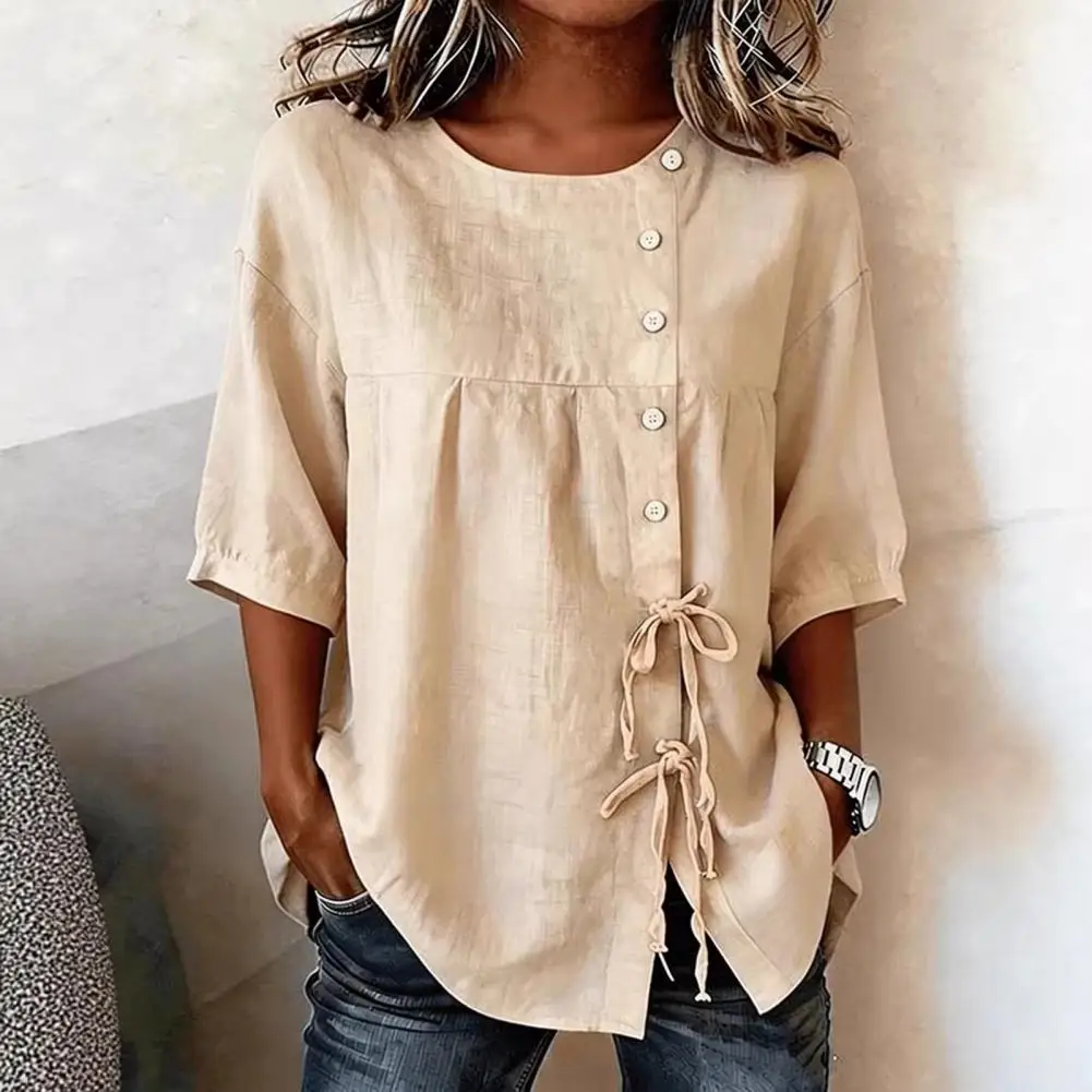

Side Lace-up Casual T-shirt V-Neck Cotton Linen Button Blouse Short Sleeves Buttons Decorwomen Shirt Side Lace-up Casual Tshirt