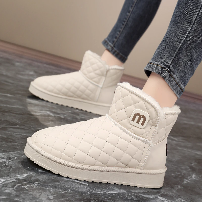 

2025 New Winter Women's Leather Waterproof Snow Boots - Fleece-Lined Platform Puffer Cotton Boots