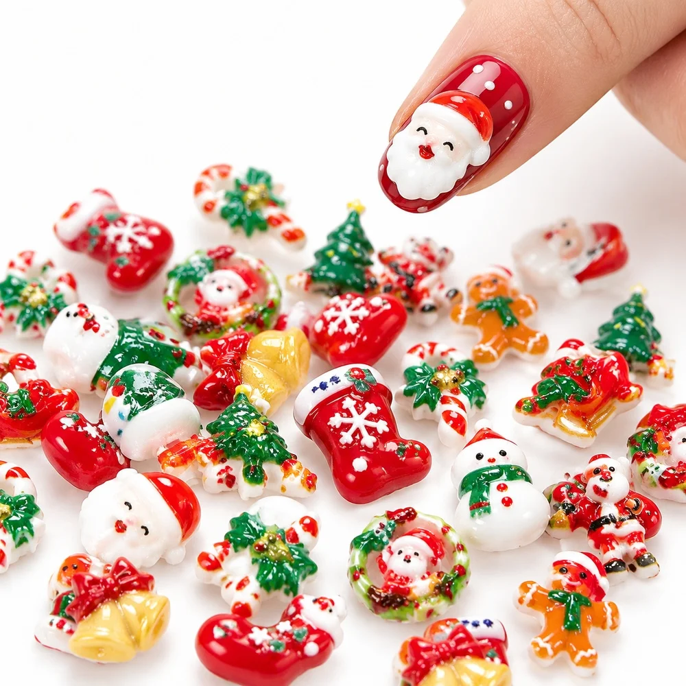 50Pcs Xmas Kawaii Nail Decorations Gingerbread Bell Stocking Bow Star Holly Red Green White 3D Nail Charms DIY Nails Supplies