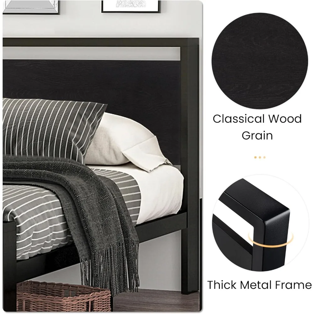 Estrutura de cama com plataforma de metal queen size de 14 polegadas com cabeceira e estribo de madeira, base de colchão