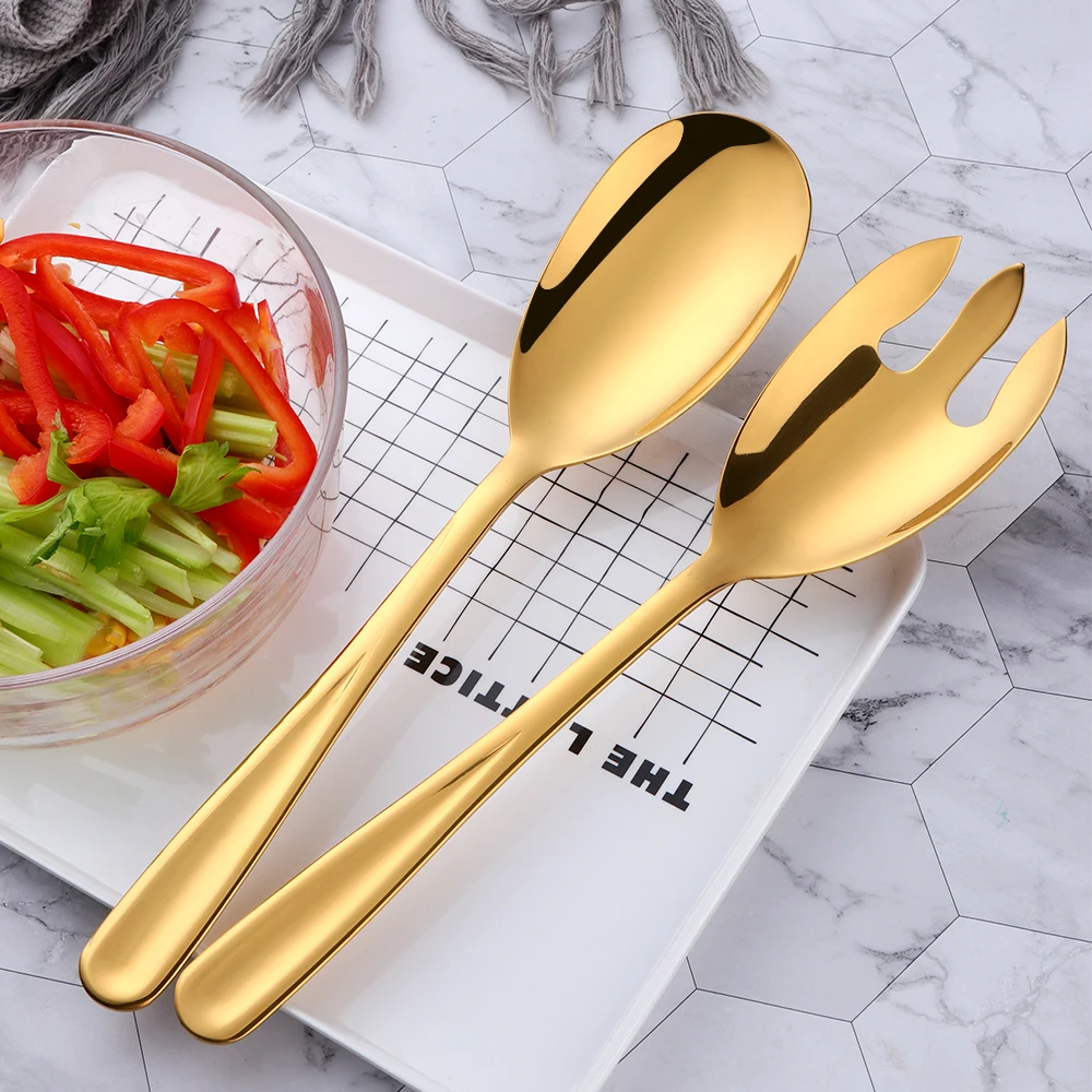 2Pcs Salad Spoon Fork Set Stainless Steel Food Pasta Server Public Buffet Restaurant Serving Tools Fruit Salad Mixing Server