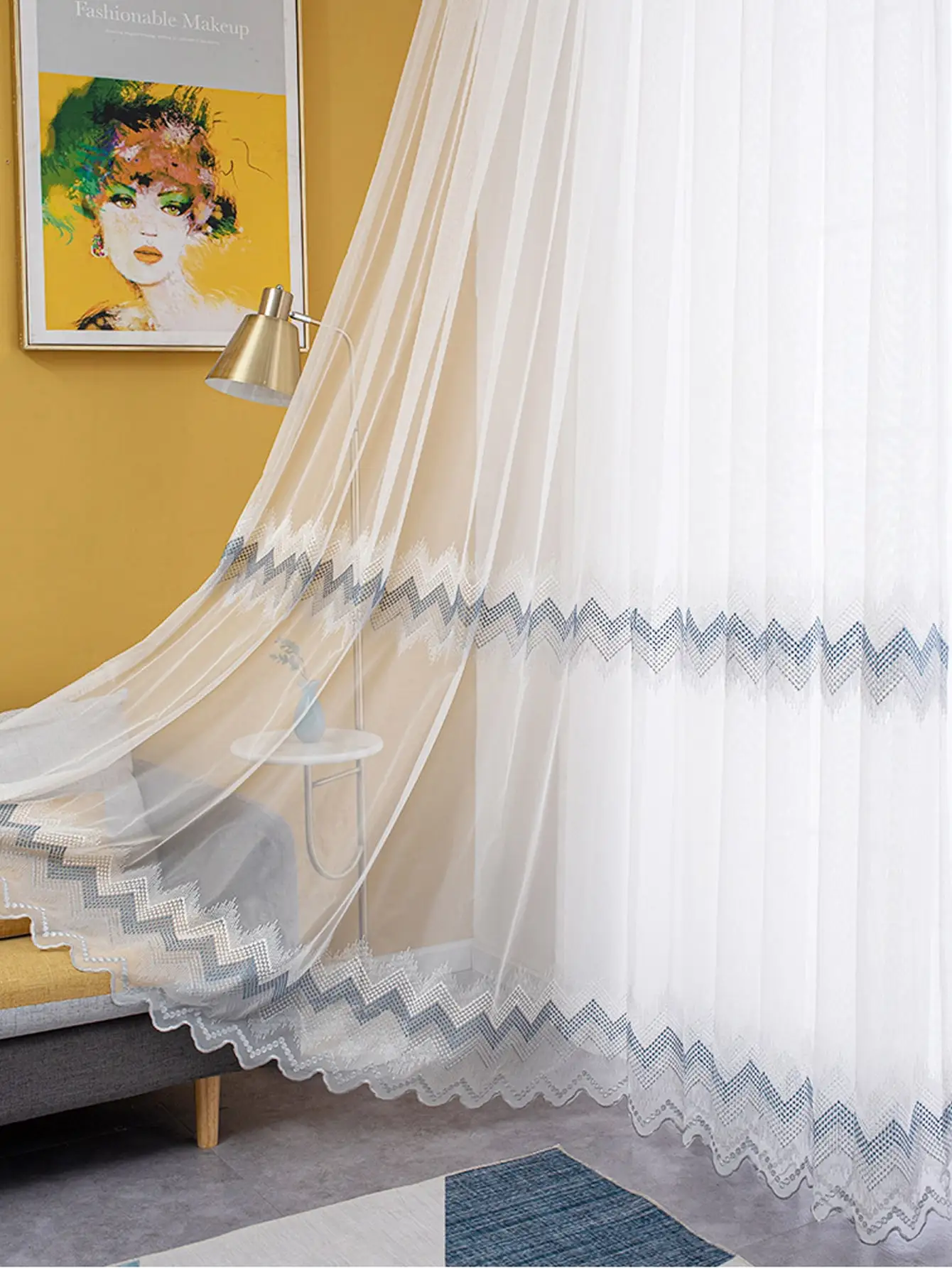 Modern Minimalist Style Nordic Corrugated Blue Double Row Beanie Curtains Living Room Bedroom Balcony Blackout Curtains