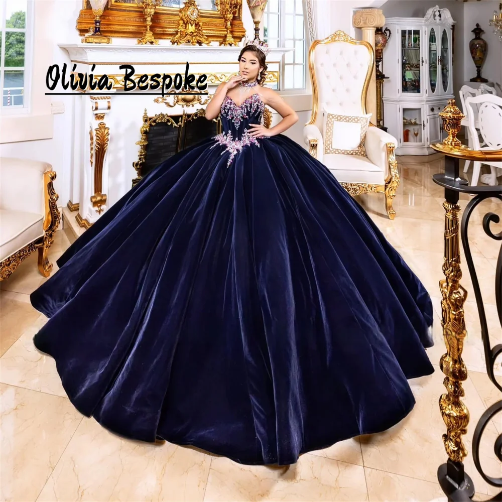 

Navy Blue Velvet Sweetheart 15 Years Quinceanera Dresses Beaded Lace Appliques Ball Gown vestidos de xv años Customized
