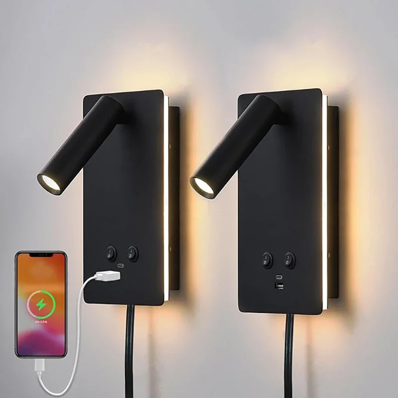 Bedhead Reading LED Wall Light with USB Charging Hotel Room Light Modern Simple Bedroom Living Room Indoor Small Wall Light