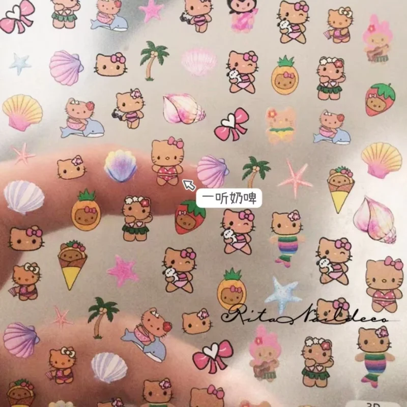 

Kawaii Hello Kitty Nail Stickers Cartoon Black Skin Hawaii Series Creative Beach Kt Mermaid Diy Nail Painting Girls' Decoration