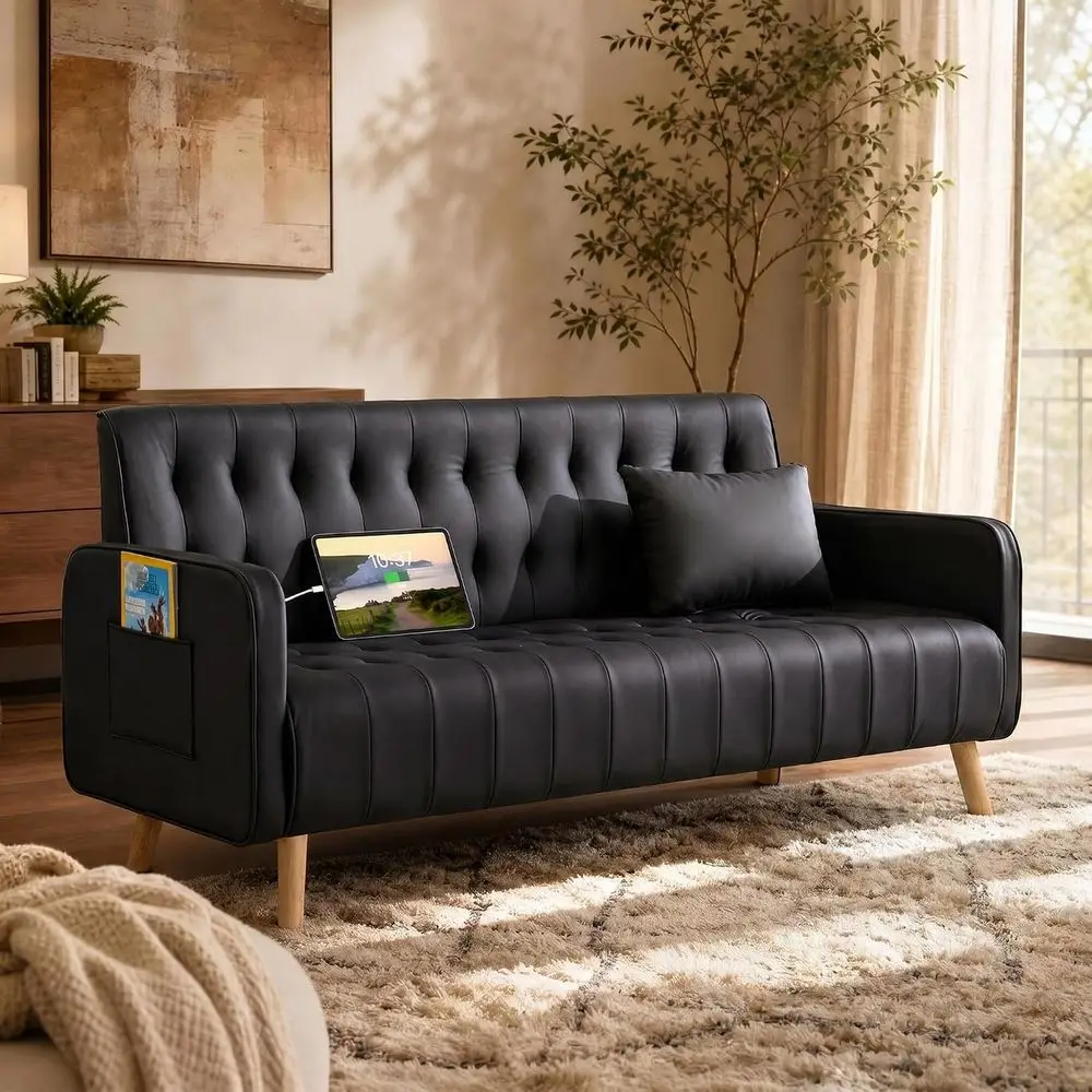 57” aux Leather Loveseat Soa, Small Tuted Couch (1, Black) | , Century ern, USB Charging Ports, Side kets, Mini, Oice, Dorm, Sma