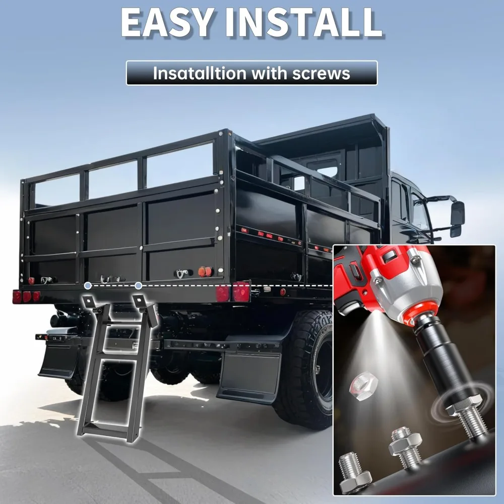 Opstapsladder met 2 treden, intrekbare achterklep, zwart gepoedercoat, zware stalen vrachtwagenbedladder met L-vormige beugel 27