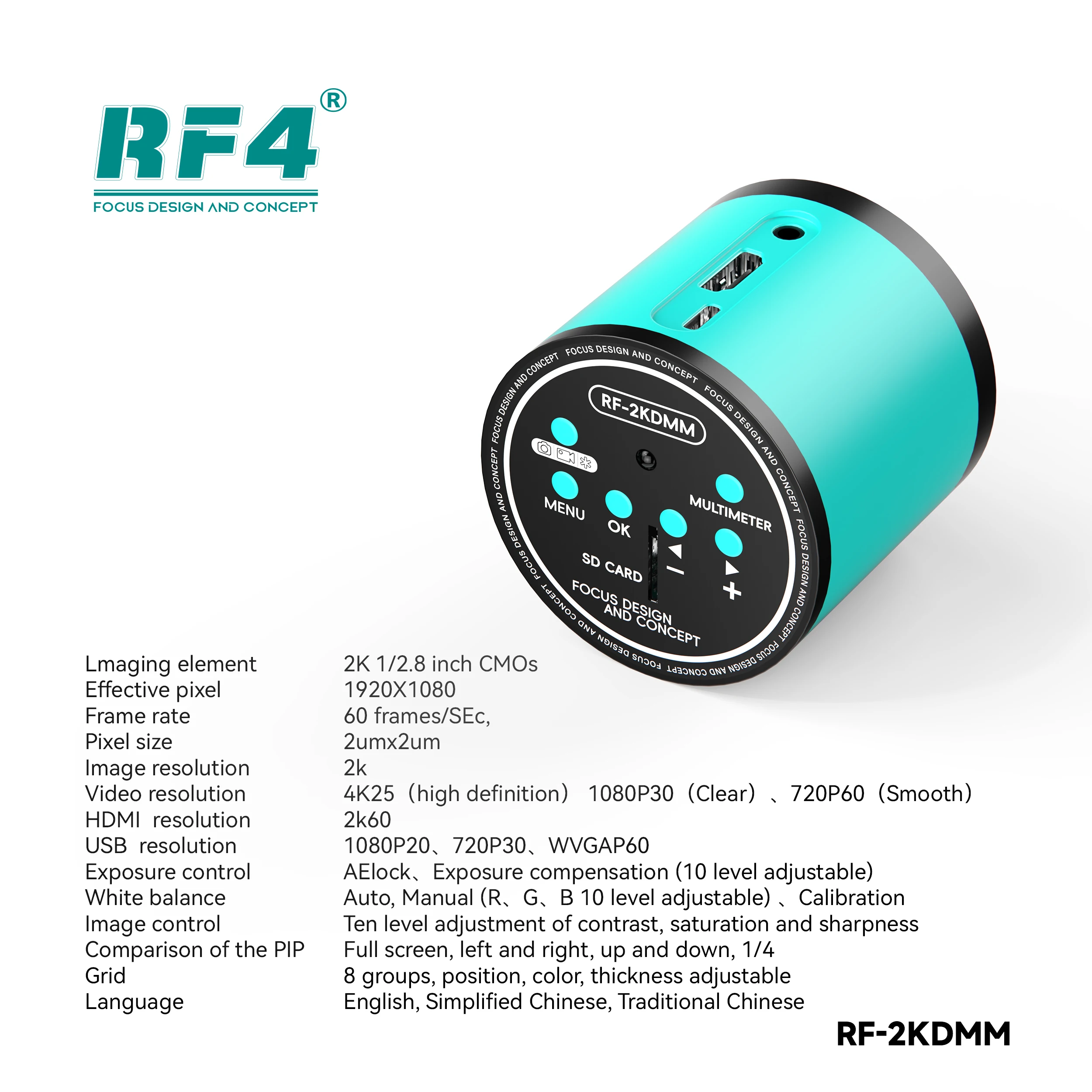 RF4 RF-2KDMM trójokularowa ULTRA HD mikroskopowa kamera CCD CMOS HDMI 1080P 60FPS przemysłowa cyfrowa kamera wideo