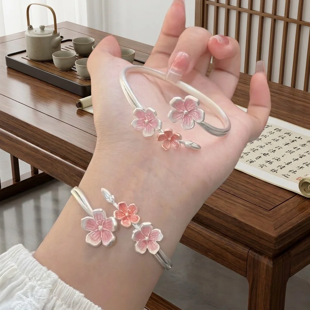 Sweet Pink Cherry Blossom Ring Dainty Drop Oil Design Open Adjustable Ring Niche Design Flower Bracelet For Women Daily Party