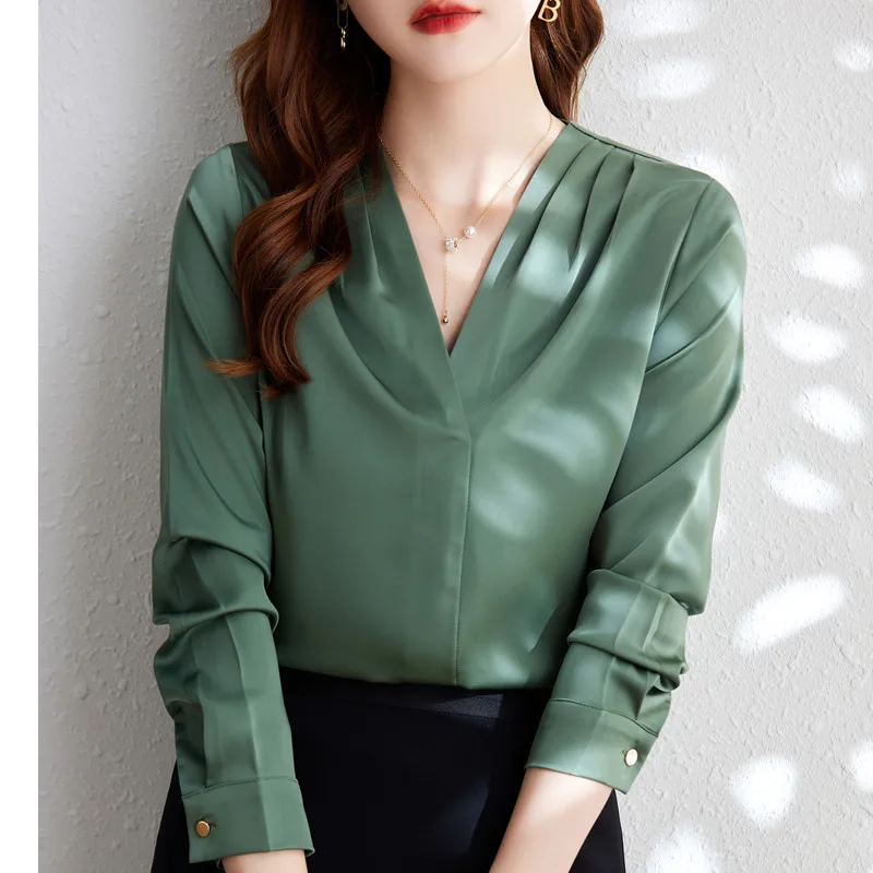 Gray V Neck Shirt Women Formal Autumn New Temperament High End OL Chiffon Long Sleeve Blouses Office Ladies Work Tops White