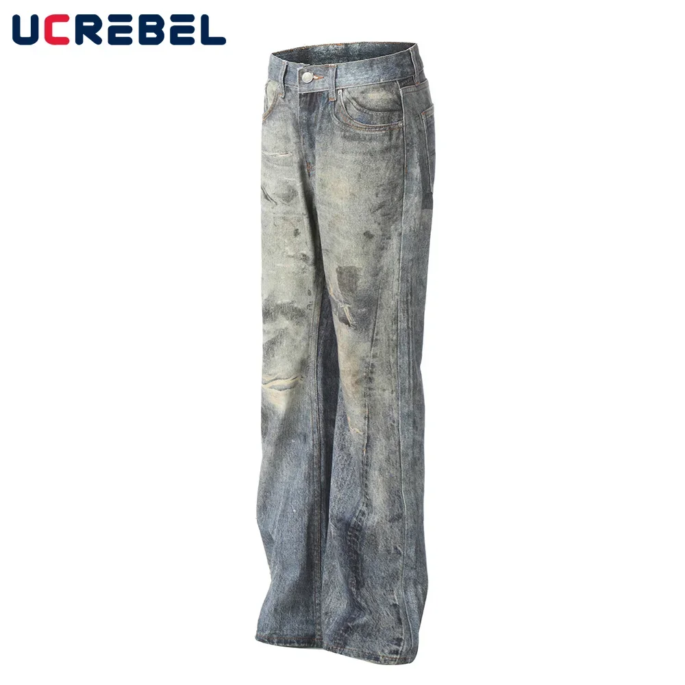 Pocket Beggar Jeans Mens Distressed Spliced High Street Loose Straight Wide Leg Dirty Wash Jeans