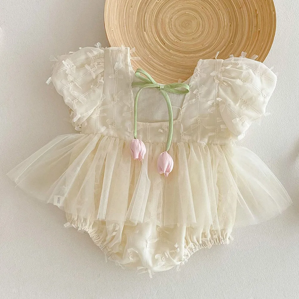 

First Birthday Baby Girl Bodysuit Solid Color Mesh Patchwork Summer Newborn Clothes Princess Infant Romper New Arrival 2025