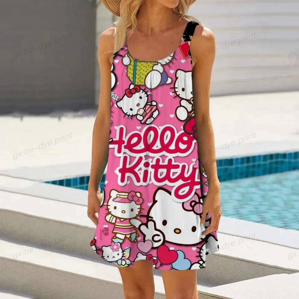 Beachwear Bathing Suit Beach Tunic Swimsuit Hello Kitty Print Light Summer Dress For Women 2023 Sexy O Neck Bikinis Swimwear