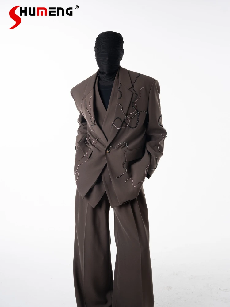 

Men's 2025 Autumn New Trendy Loose Suit Jackets Fashion High-end Chic Blazers Male Handsome Faux Two-piece Beaded Tailored Coats