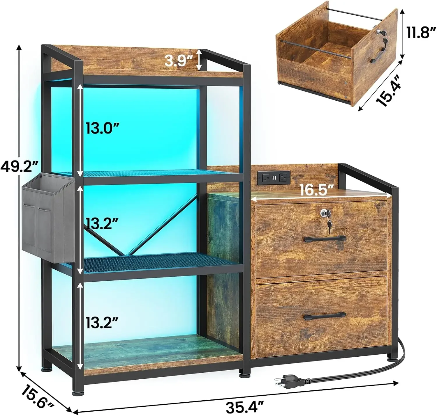 35.4” File Cabinet, Filing Cabinet fits Letter/A4 Size, 2 Drawe File Cabinets for Home Office with Power Strip, LED Light