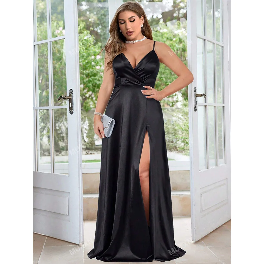 

Black A-Line Prom Dresses 2025 Spaghetti Evening Dresses with Split V-Neck Satin Bridesmaid Dresses Robes De Soirée Customized