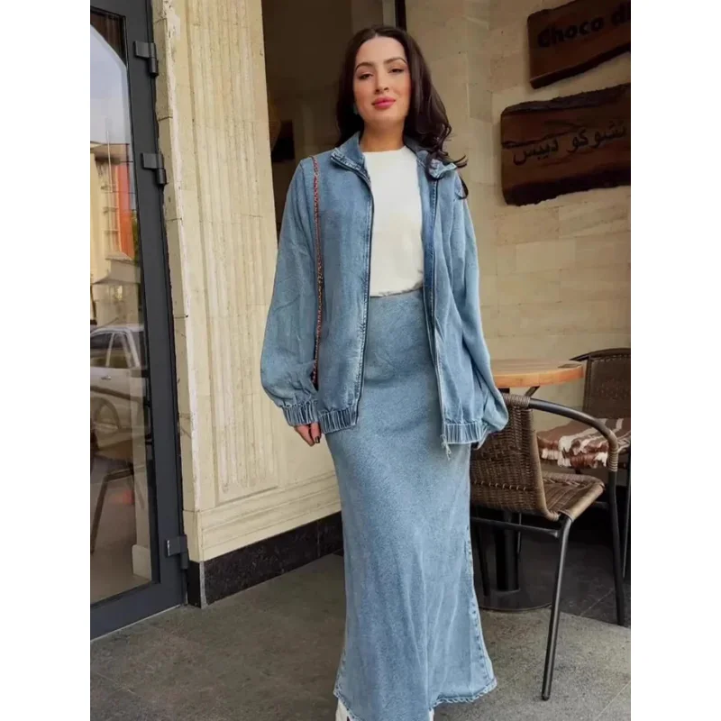BKQU Vintage Denim Jacket Skirt Set Women Chic Lapel Zipper Loose Full Sleeved Coat And Long Skirt Matching Casual Street Outfit