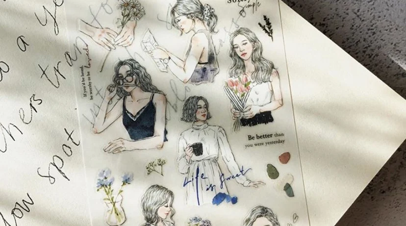 Taiwan Pion Original, Flower and Grass Set/sketch Girl, Transfer Sticker