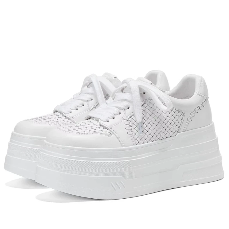 White Shoes for Women's Genuine Leather Woven Design Comfortable Thick Sole Height Increasing Shoes Breathable Casual Board Shoe