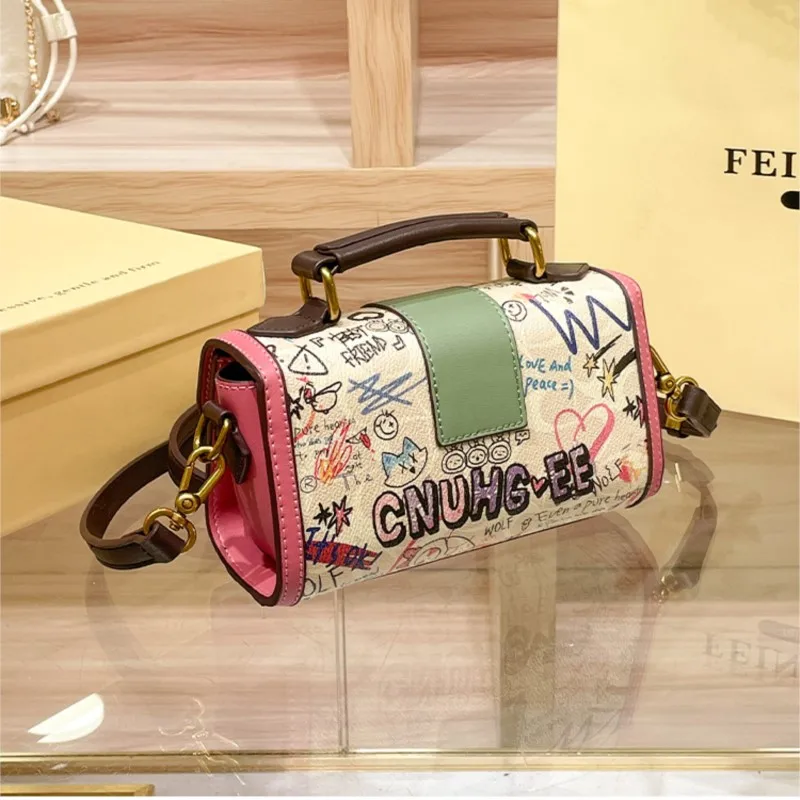 Ladies handbag, high-end designer graffiti handbag, 2024 new retro contrasting color commuting single shoulder crossbody bag