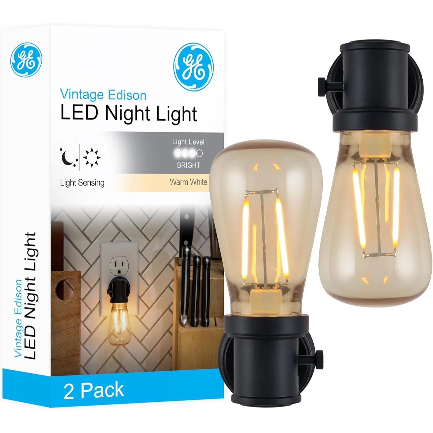 

Vintage Edison LED Night Light Plug into Wall, 2-Pack, Dusk to Dawn Auto Sensor, Warm White, Adjustable Brightness with On/Off