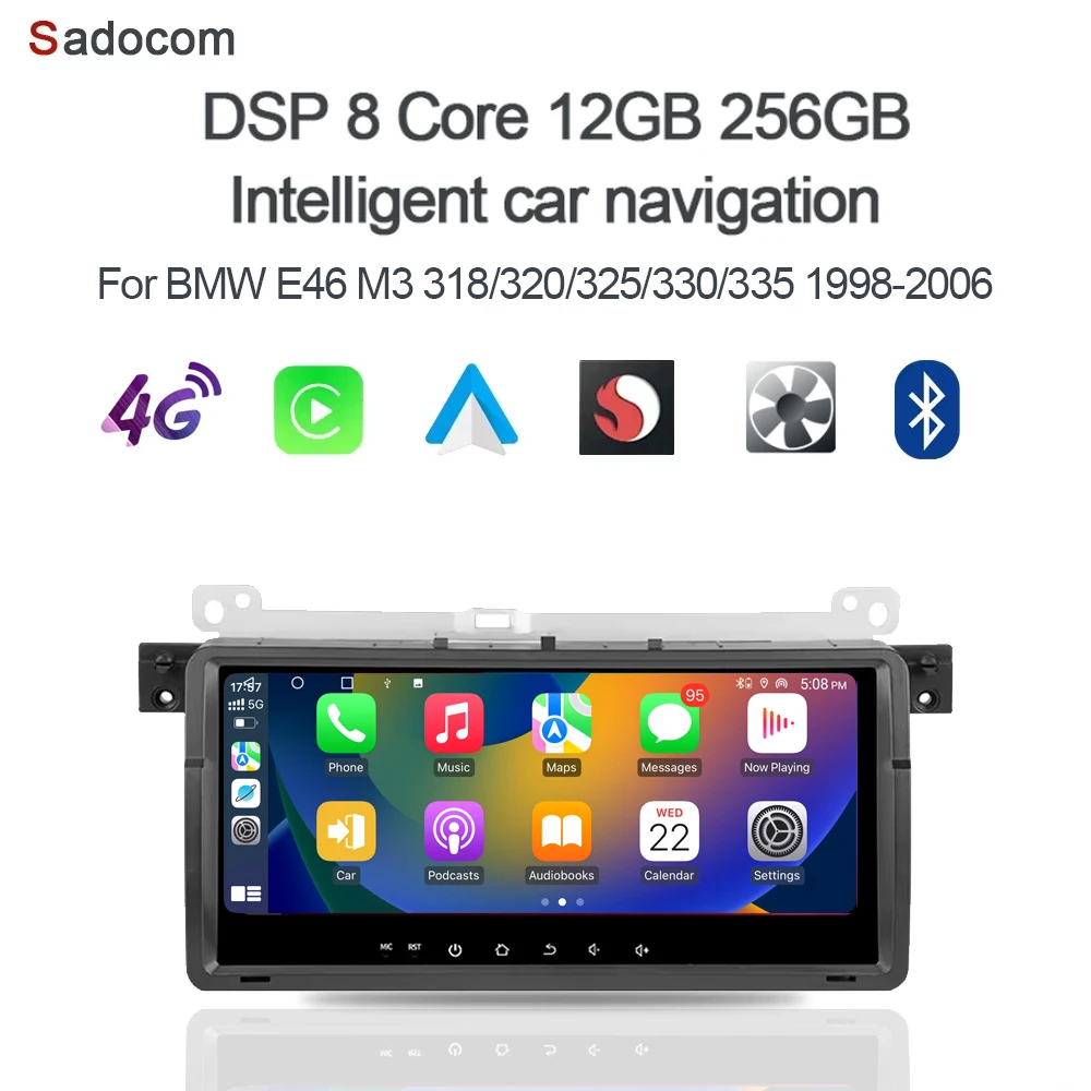 Carplay 8,8 "Android 14,0 autoradio 8GB 256GB ROM 8GB RAM Audio de coche GPS radio de coche Glonass para BMW E46 M3 318/320/325/330/335