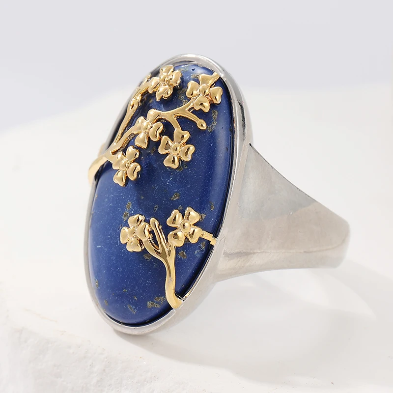 Vintage-Ring für Damen mit eingelegtem blauen Stein, ethnische Silberfarbe, handgeschnitzte Blume, für den täglichen Gebrauch, Party-Schmuck, Jahrestagsgeschenk – Detail 3