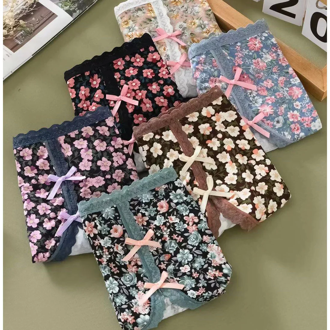 5PCS/Lot Women Underwears Chinese-Style Modal Cotton Mid-Waist Floral High Split Bow Panties Female Underpants