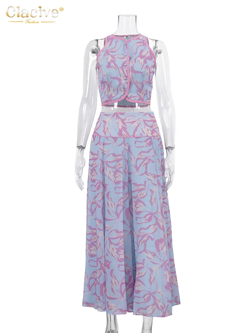 Clacive Summer Loose Print 2 Piece Set Women Fashion Sleeveless Tank Top With High Waist Pleated Long Skirt Set Female Clothing image 5
