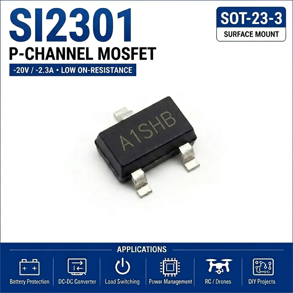 (100 pcs) SI2301 SOT-23/SOT-23-3 (Marking A1SHB) - P-Channel MOSFET -20V -2.3A 110mΩ