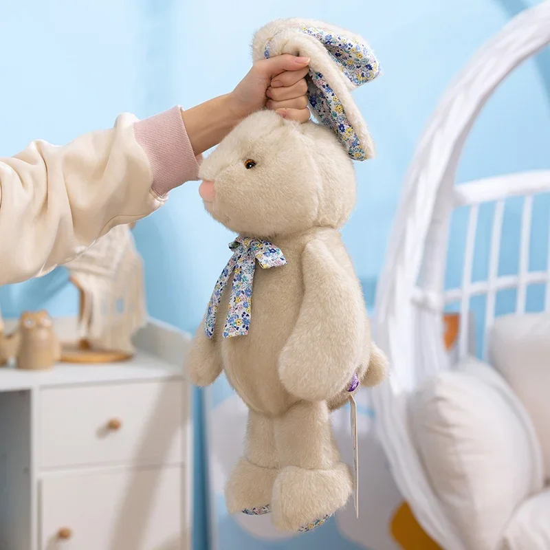 Adorable Stuffed Rabbit Cream With Floral Print Ears And Bow Tie Kawaii Plush Bunny Cuddle Pillow Bedroom Sweet Wonderful