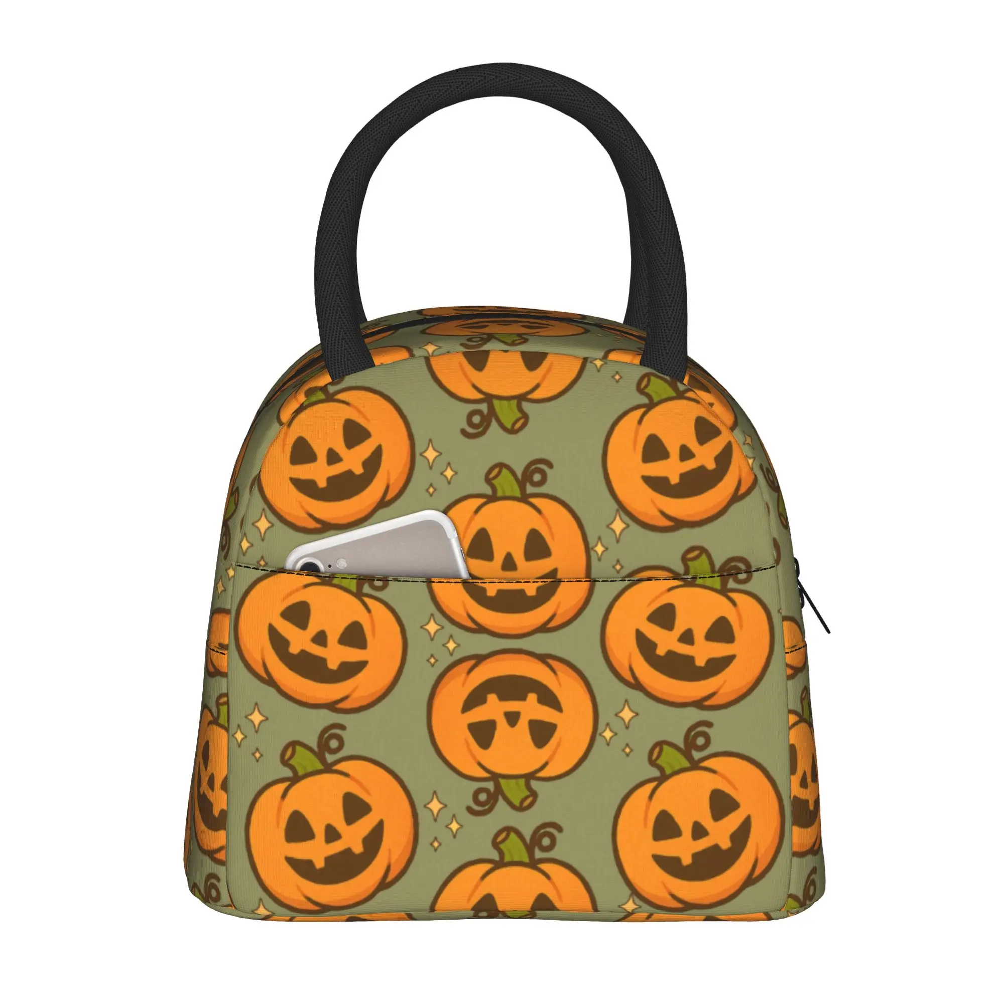 Back to school season  Lunch Bag Retro Halloween Pumpkin Repeat Pattern Kawaii High Street Daily Snack Storage Lunch Bag
