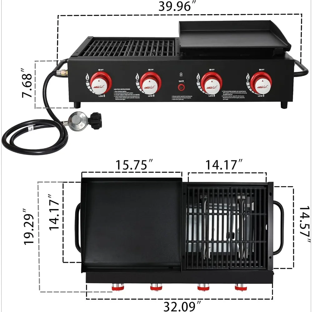 4-Burner Tailgater Grill Griddle Combo, 40,000 BTUs, Backyard or Outdoor BBQ Cooking, Portable Propane Gas Grill Griddle Combo