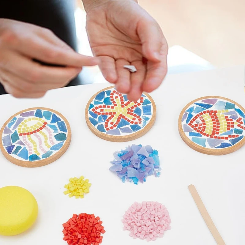 Kit de manualidades de mosaico DIY, posavasos de bambú para adultos principiantes, con bandeja de Base en blanco para arte hecho a mano, decoración del hogar, 3 juegos