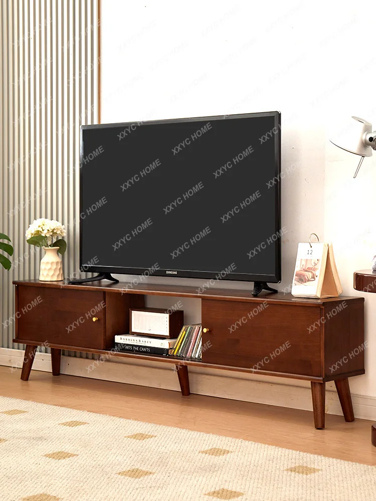 Solid Wood TV Cabinet Modern Simple Small Apartment Home Living Room Floor Cabinet Walnut Color Narrow TV Stand Tea Table