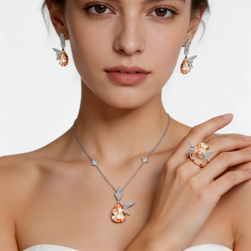 Luxury Style Jewelry Set Necklace Earrings Ring Inlay Cubic Zirconia Amber Bird Drop Pendant Women Party Wedding Jewellery Sets