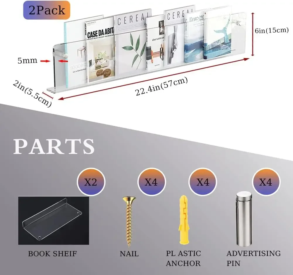 2 упаковки акриловых подставок для журналов, органайзер для книг, полка для журналов, полки для детских книг настенные (22,4 дюйма)