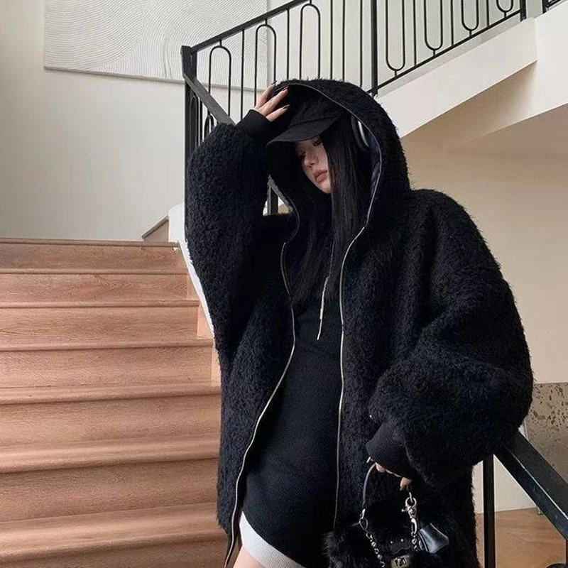 Chic Fleece Pu Reversible Women Jacket Hooded Zip Up Oversized Black Grunge Y2K Streetwear Loose Baggy Winter Coat Top