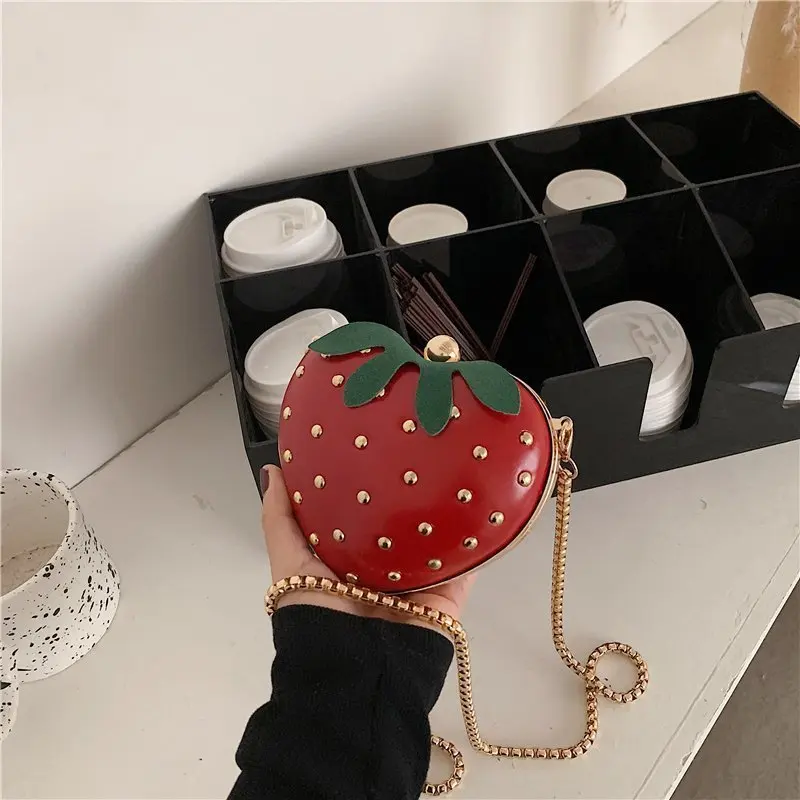 

Cute Fruit Strawberry Heart Shape Pu Rivet Mini Fashion Ladies Chain Purse Clutch Bag Shoulder Bag Tote Female Flap Handbag