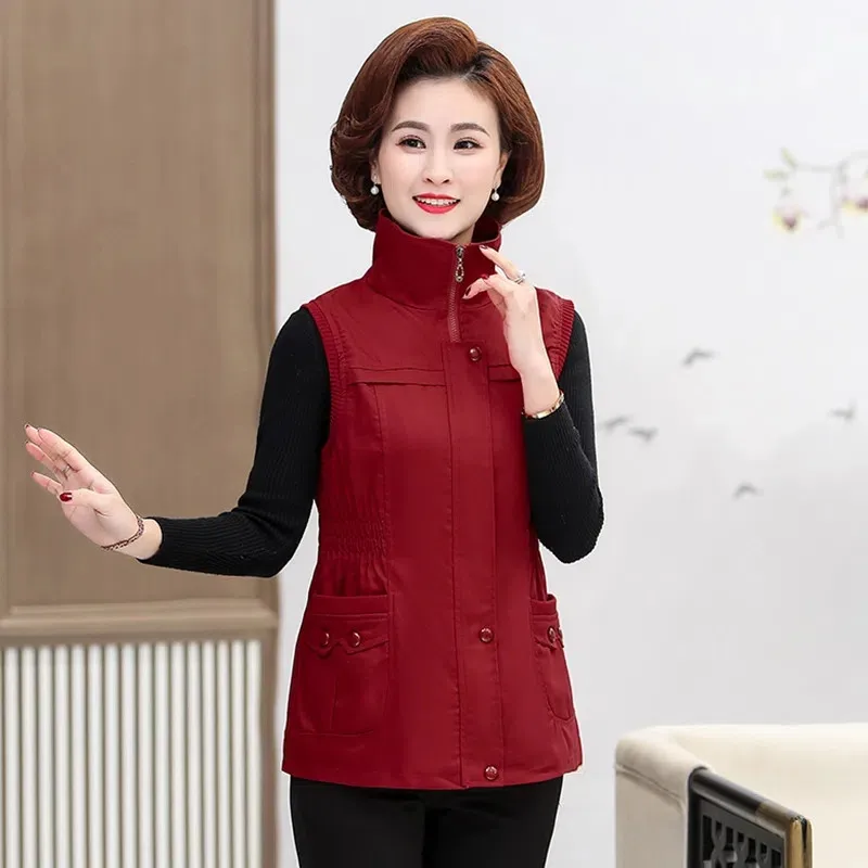 

New Spring Autumn Middle Aged Women Vest Coat Casual Large Size Cotton Sleeveless Jacket Loose Mother Waistcoat Female Vests 5XL