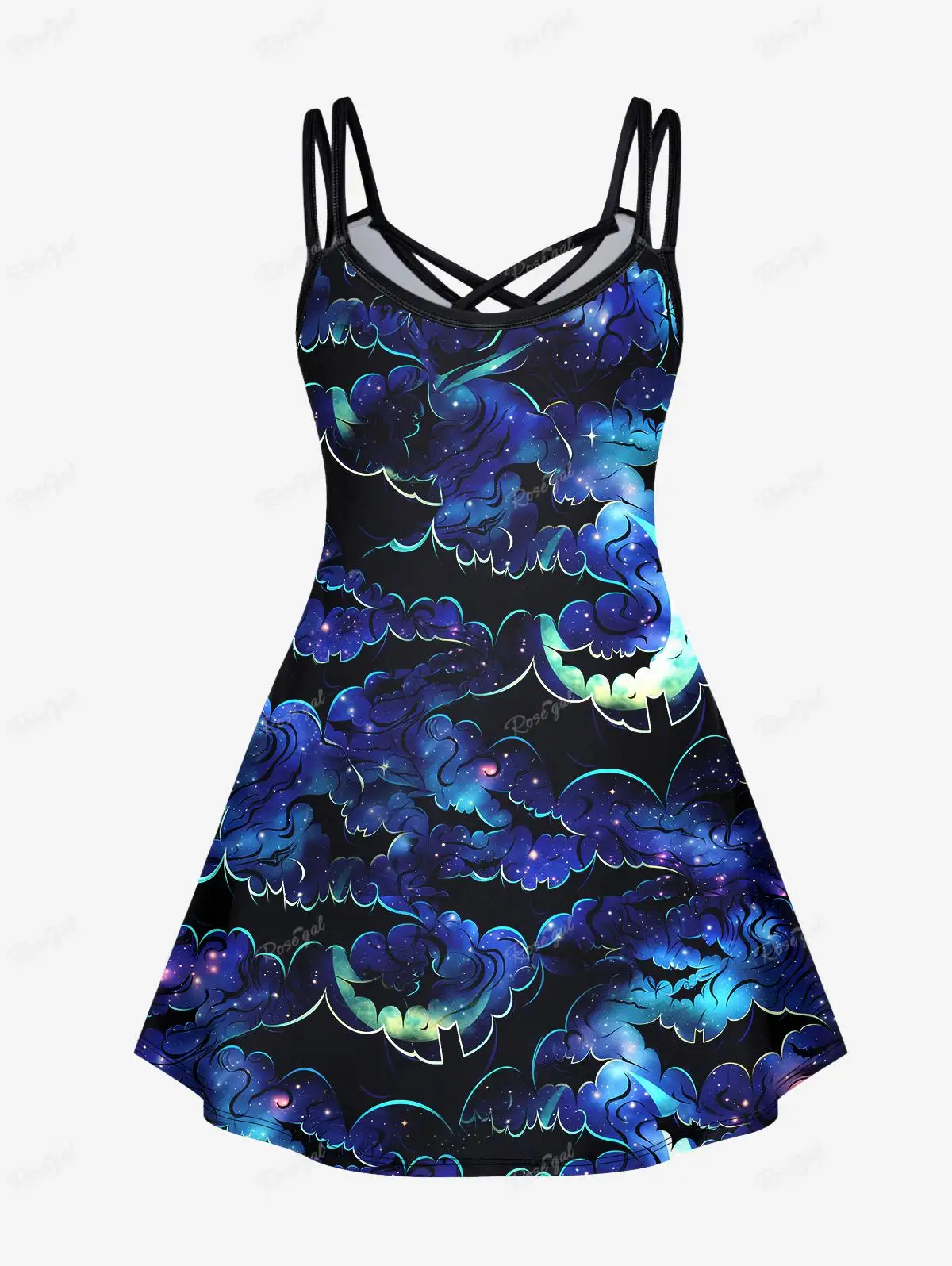 Gothic Printed Crisscross Cami Dress Colorful Galaxy Glitter Bat Skull Plaid Heart Bear Warning Print Dresses Vestidos