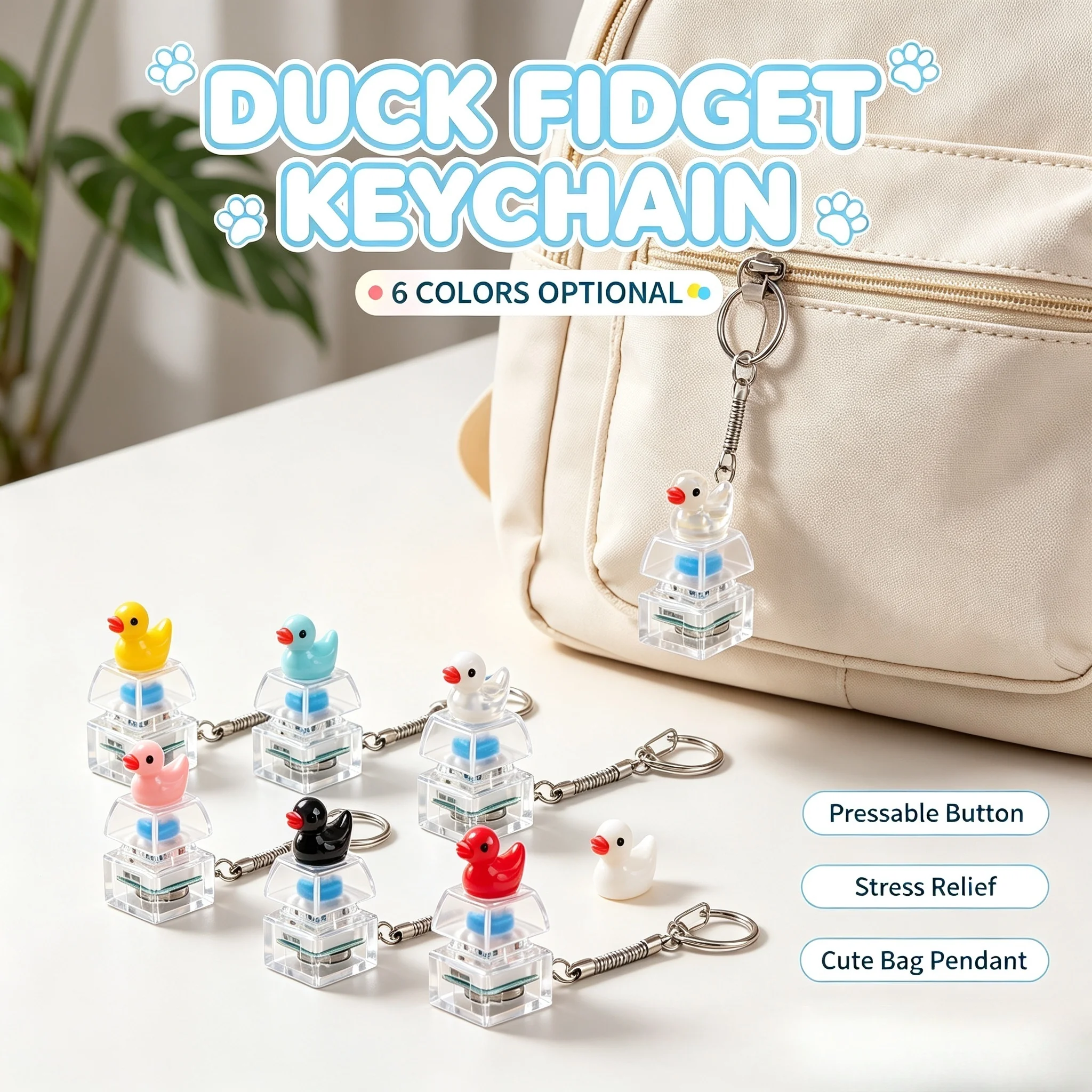 Duck Fidget Button Keychain Cute Stress Relief Keyring Clear Shell Pressable Button Fidget Toy Bag Pendant Key Accessories Gift