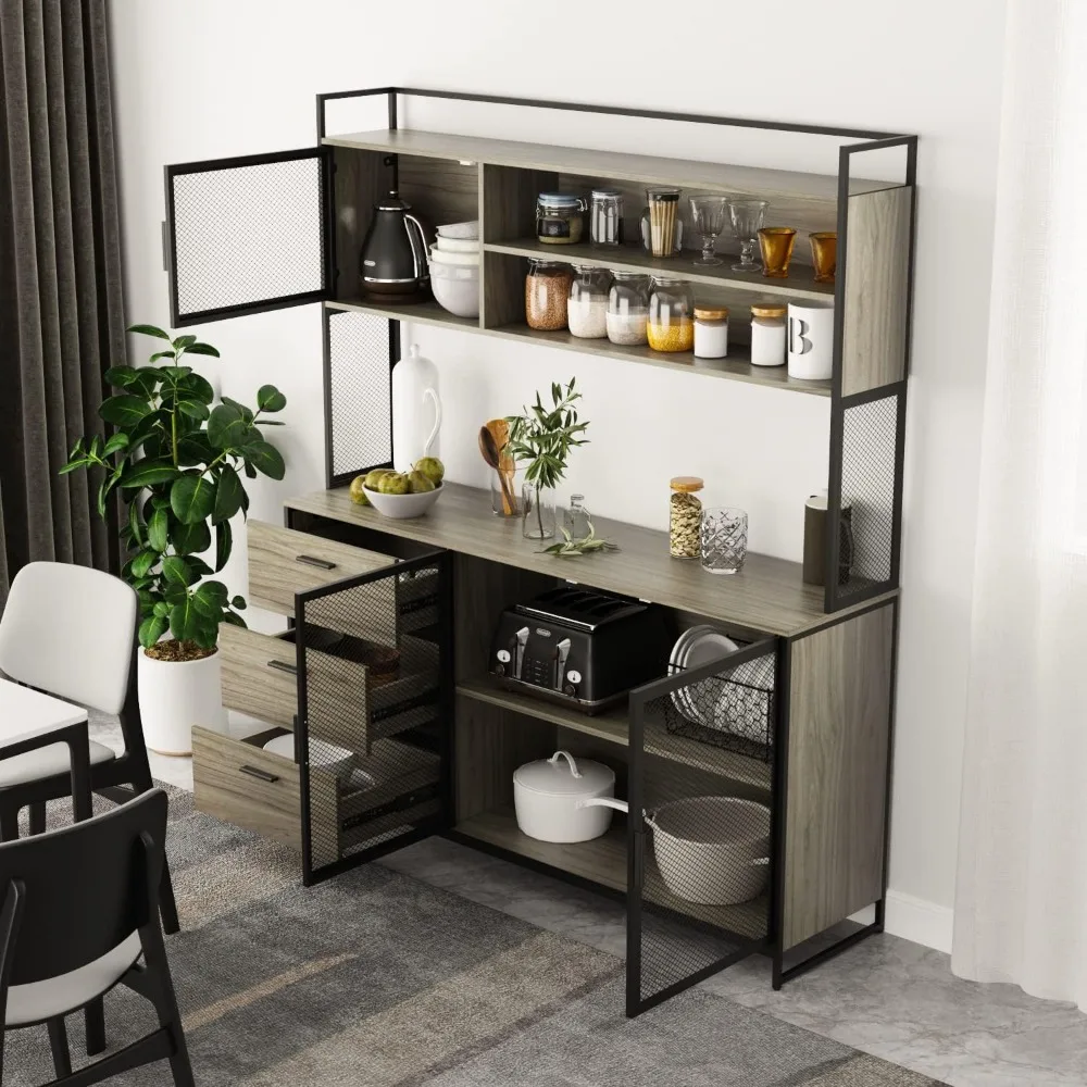 

Large Kitchen Hutch Storage Cabinet, Pantry Cabinets with Hutch, Metal Frame Cupboard with Mesh Door, Drawer & Microwave