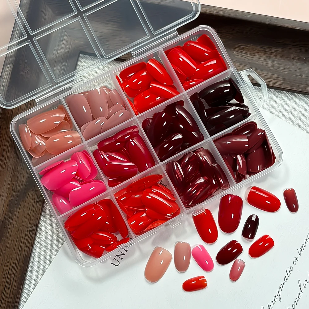 288pcs Glossy Red Medium Almond Press On Nails Solid Cherry Red/Rose/Nude/Black False Nails Reusable Acrylic Fake Fingernails S1