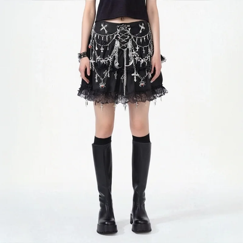 Women's Goth Dark Punk Skirt Cross Chain Skeleton Pendant Heavy Metal Rock Style Chain Detail