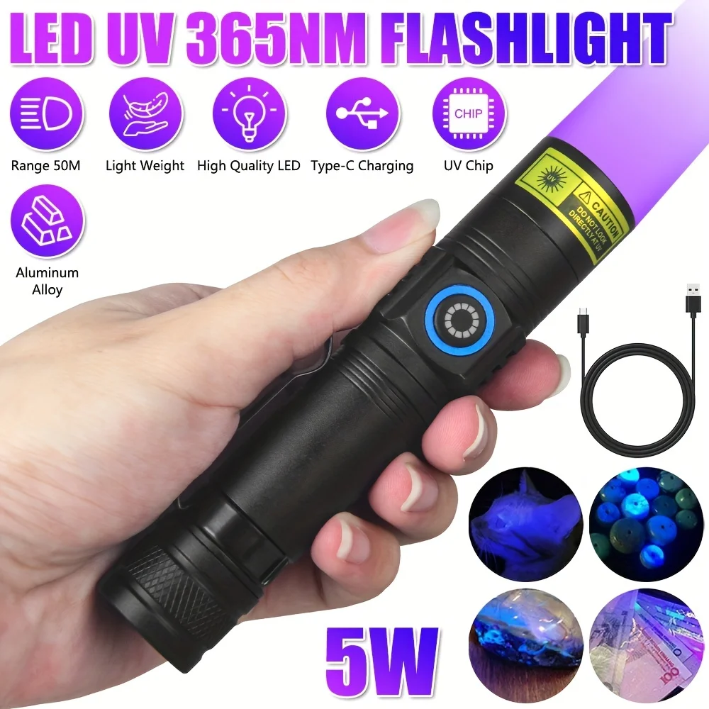 5W 365nm UV Black Light Torch Rechargeable High-Intensity 365nm UV Flashlight Ultraviolet Detector for Jade Money Pet Stain Tool